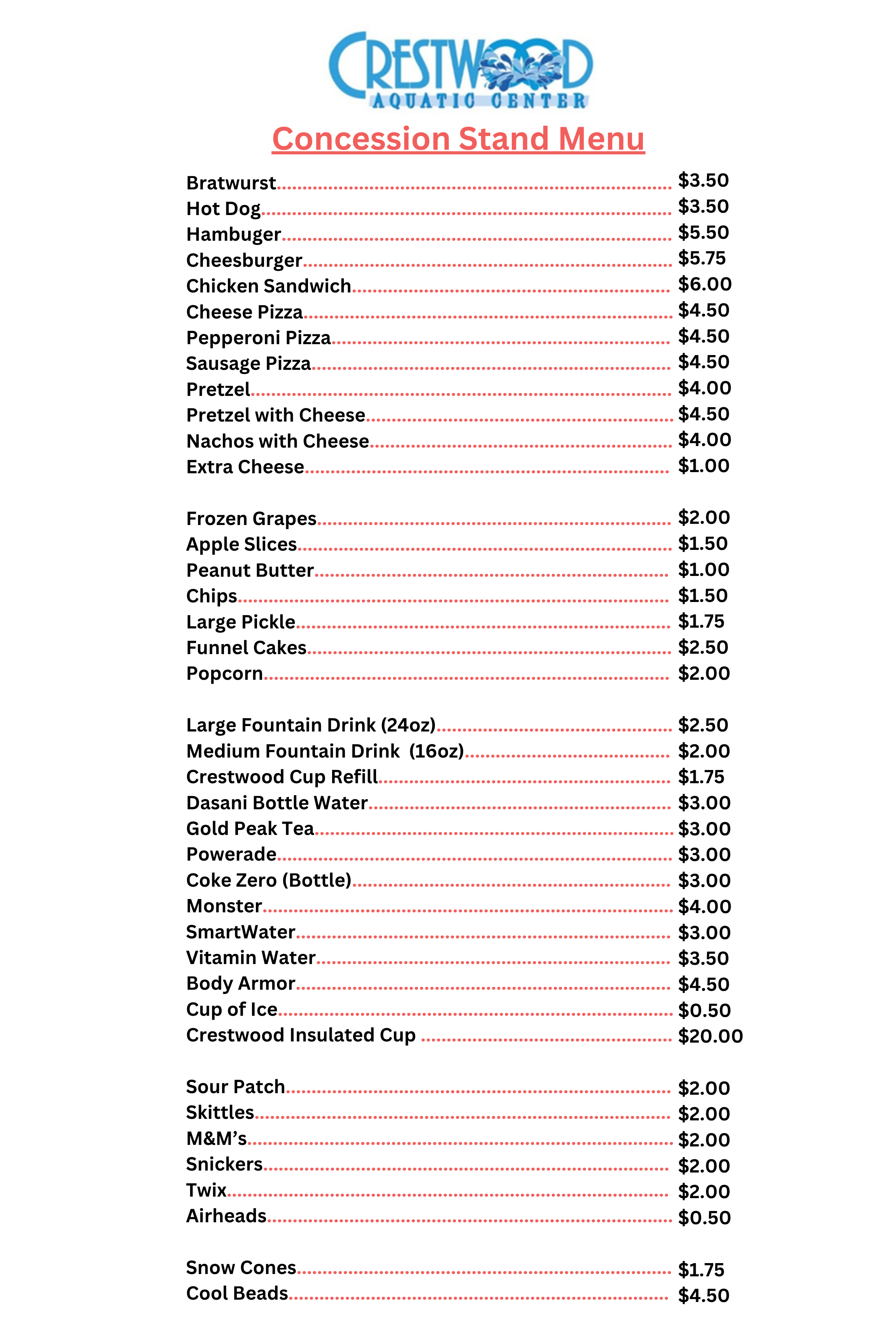 2025 Aquatic Center Concession Menu