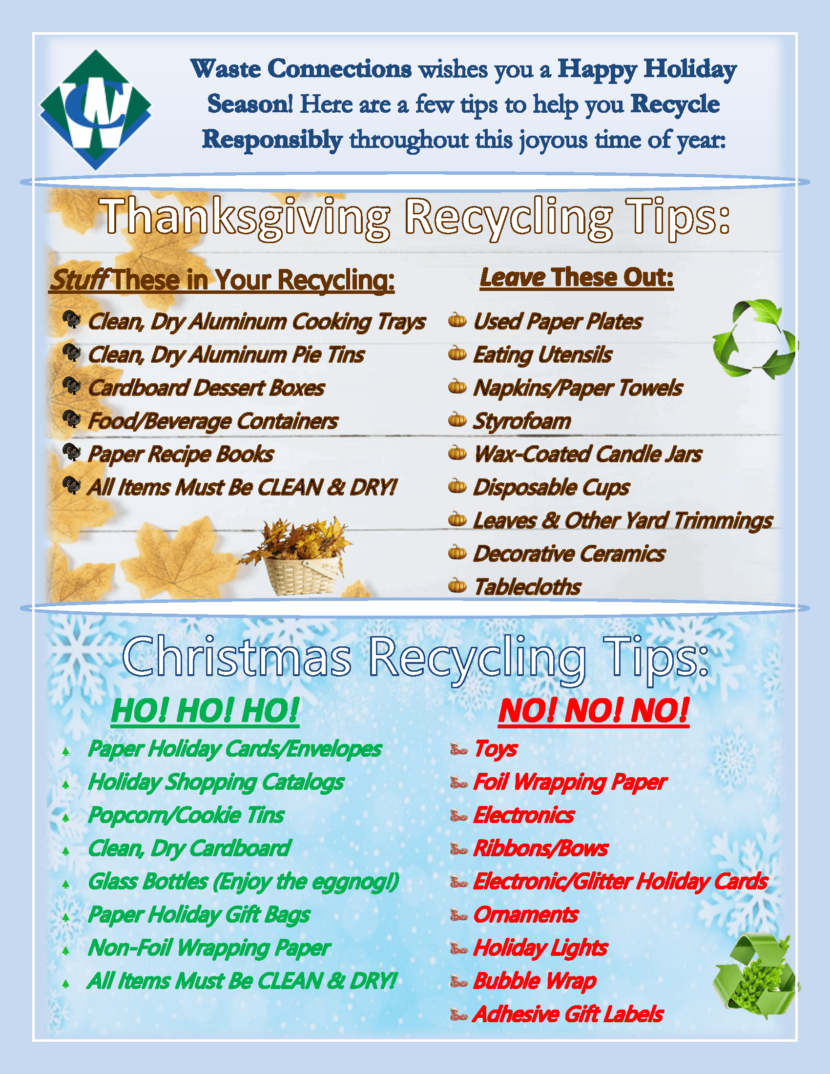 Waste Connections Holiday Recycling Guidance